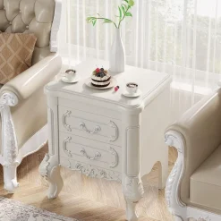 New Tribesigns Carved Nightstand, White Bedside Table End Table with 2 Drawers