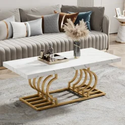 Hot Tribesigns Coffee Table, 47" Faux Marble Cocktail Table with Geometric Frame