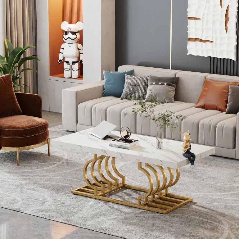Hot Tribesigns Coffee Table, 47" Faux Marble Cocktail Table with Geometric Frame
