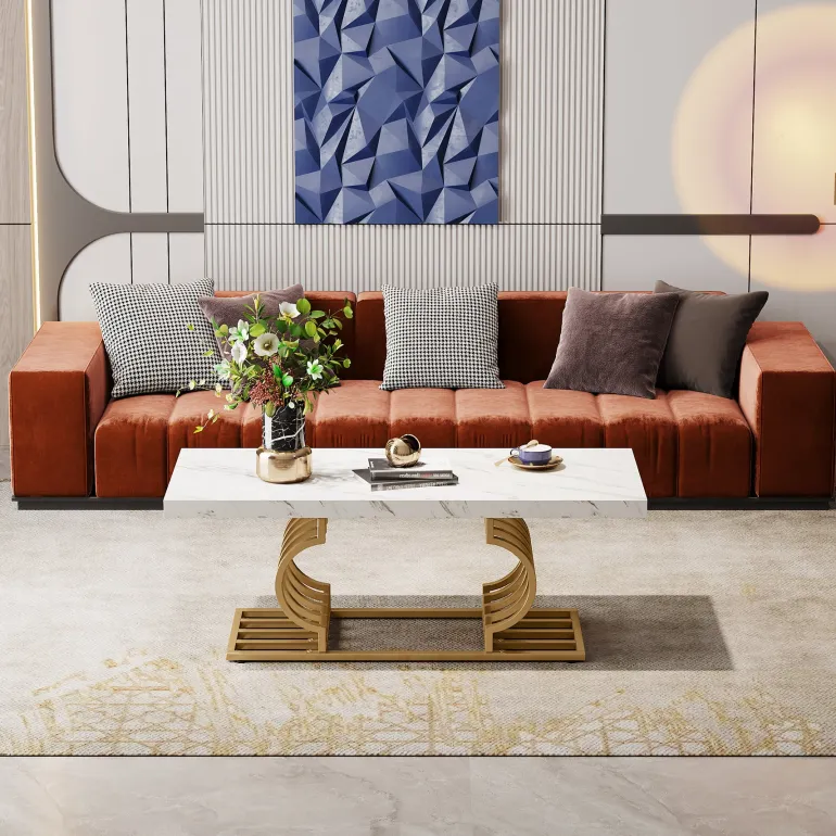 Hot Tribesigns Coffee Table, 47" Faux Marble Cocktail Table with Geometric Frame