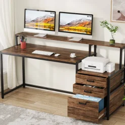 New Tribesigns Computer Desk, 63" Home Office Desk with Drawers & Monitor Stand