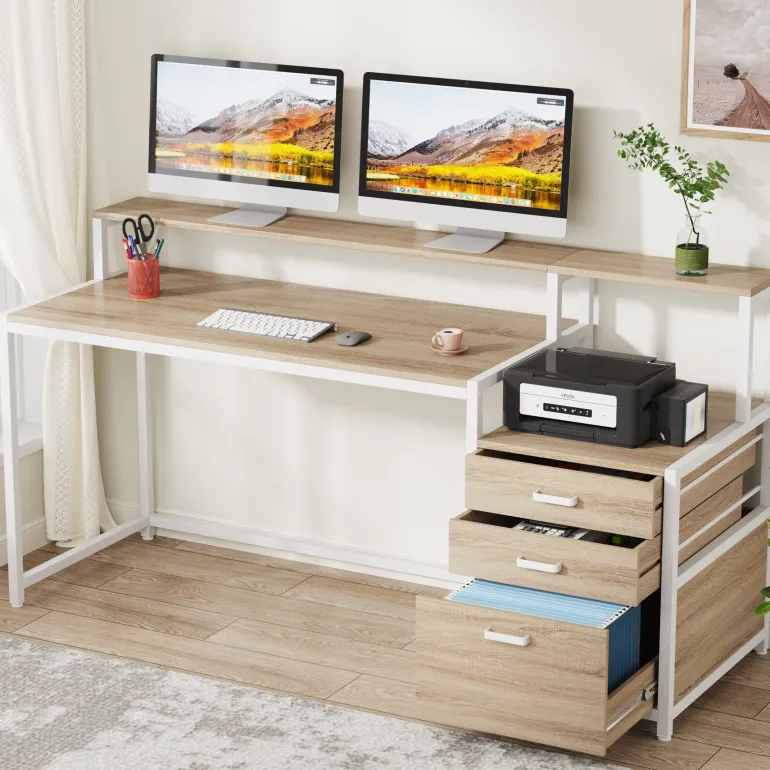 New Tribesigns Computer Desk, 63" Home Office Desk with Drawers & Monitor Stand
