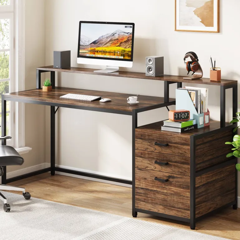 New Tribesigns Computer Desk, 63" Home Office Desk with Drawers & Monitor Stand