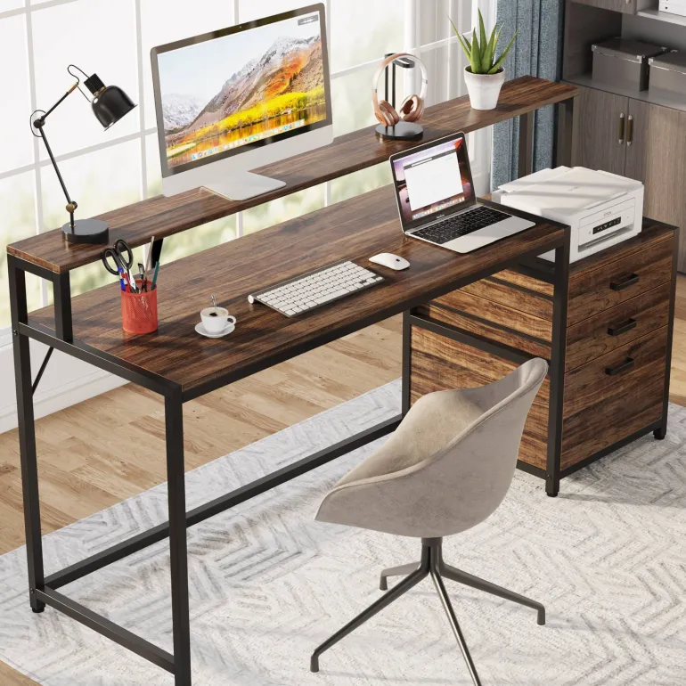 New Tribesigns Computer Desk, 63" Home Office Desk with Drawers & Monitor Stand