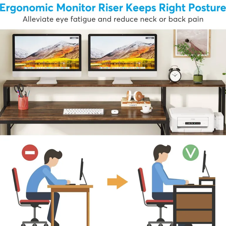 New Tribesigns Computer Desk, 63" Home Office Desk with Drawers & Monitor Stand