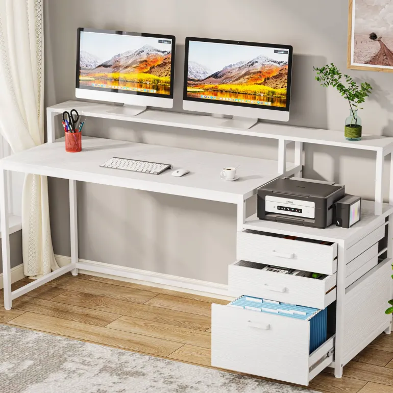 New Tribesigns Computer Desk, 63" Home Office Desk with Drawers & Monitor Stand