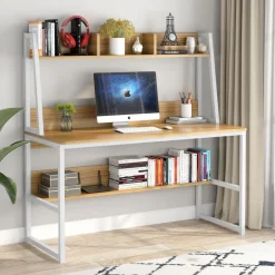 Hot Tribesigns Computer Desk, Heavy Duty Writing Desk with Hutch & Bookshelf