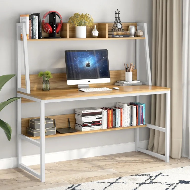 Hot Tribesigns Computer Desk, Heavy Duty Writing Desk with Hutch & Bookshelf