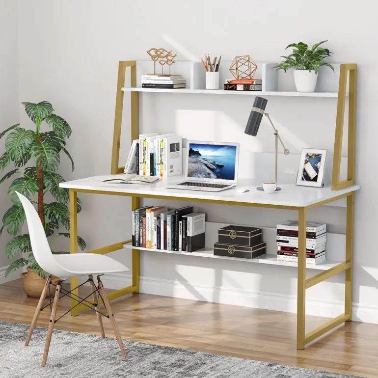 Hot Tribesigns Computer Desk, Heavy Duty Writing Desk with Hutch & Bookshelf