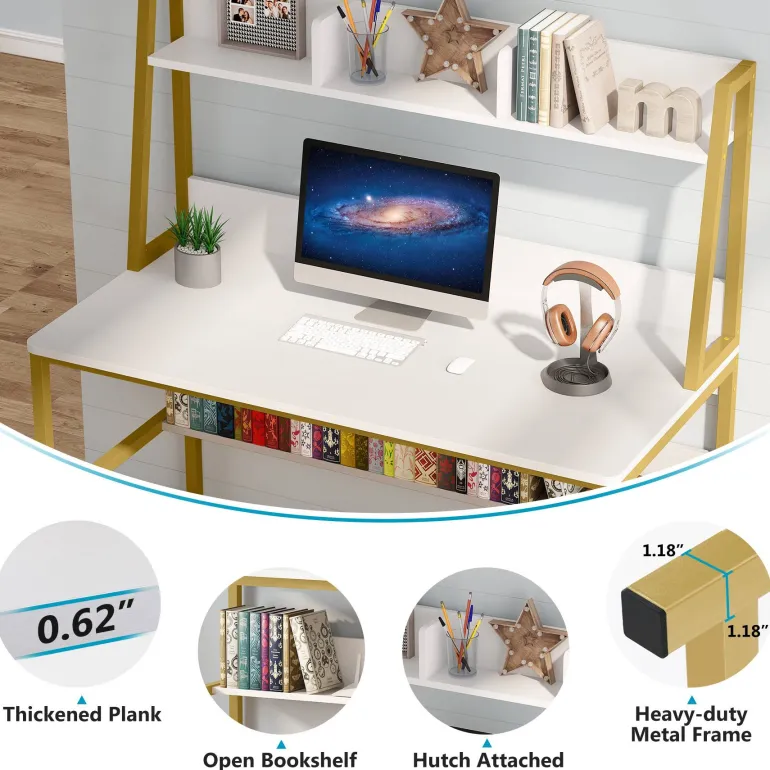 Hot Tribesigns Computer Desk, Heavy Duty Writing Desk with Hutch & Bookshelf