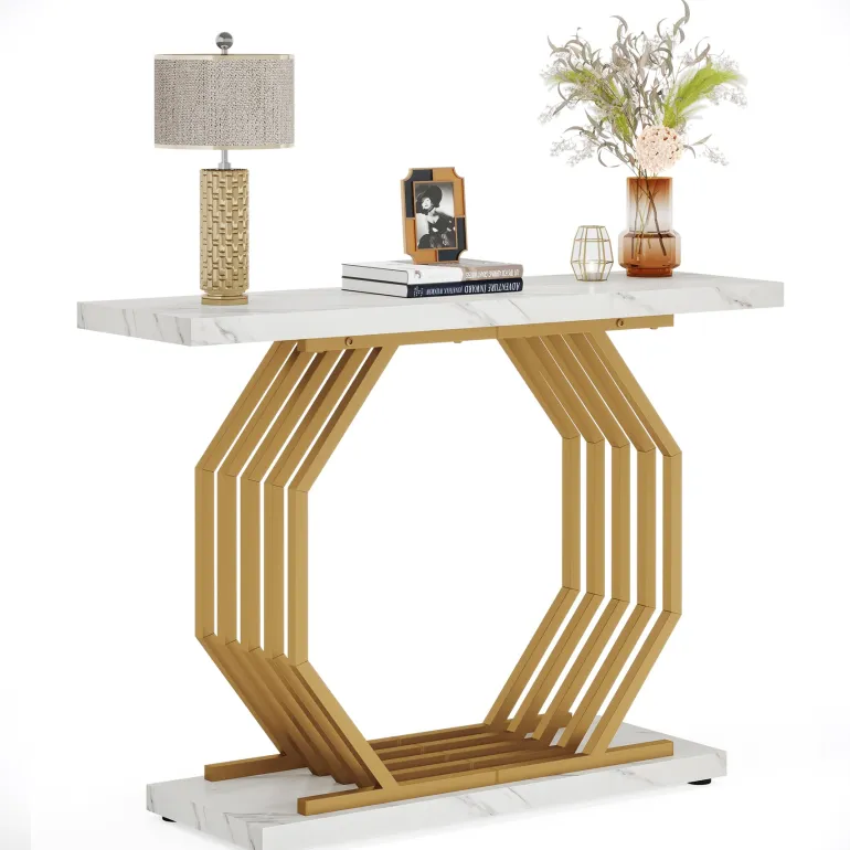 Sale Tribesigns Console Table, 40" Faux Marble Sofa Table with Geometric Metal Base