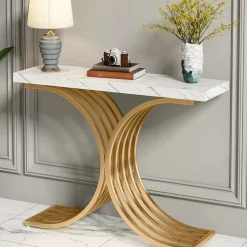 Online Tribesigns Console Table, Modern Faux Marble Entryway Sofa Table with Metal Base