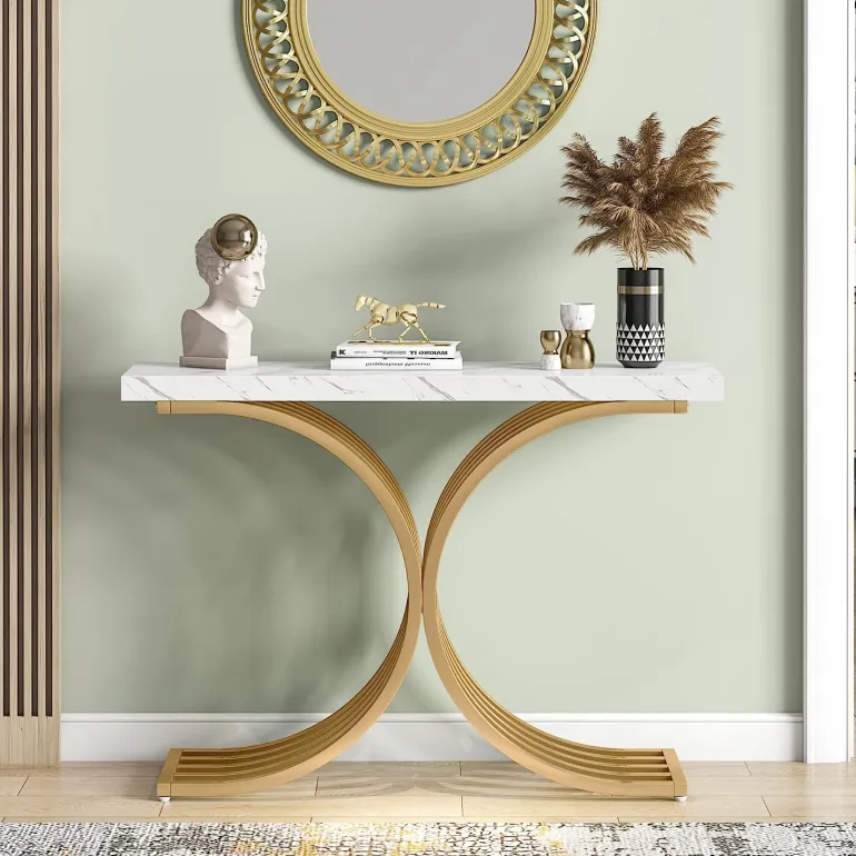 Online Tribesigns Console Table, Modern Faux Marble Entryway Sofa Table with Metal Base