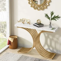 Online Tribesigns Console Table, Modern Faux Marble Entryway Sofa Table with Metal Base