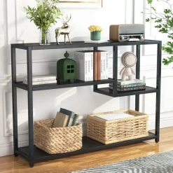 New Tribesigns Console Table, Small Black Entryway Table with Storage Shelves