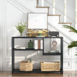 New Tribesigns Console Table, Small Black Entryway Table with Storage Shelves