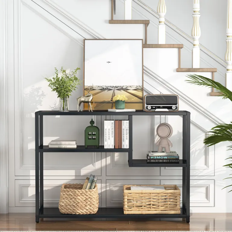 New Tribesigns Console Table, Small Black Entryway Table with Storage Shelves