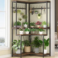 Fashion Tribesigns Corner Plant Stand, 67" Tall Flower Shelf with 15 Hanging Hooks