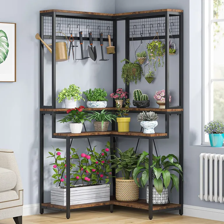 Fashion Tribesigns Corner Plant Stand, 67" Tall Flower Shelf with 15 Hanging Hooks