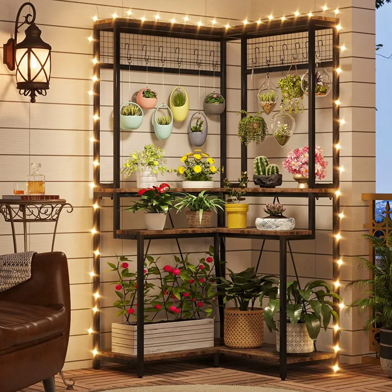 Fashion Tribesigns Corner Plant Stand, 67" Tall Flower Shelf with 15 Hanging Hooks
