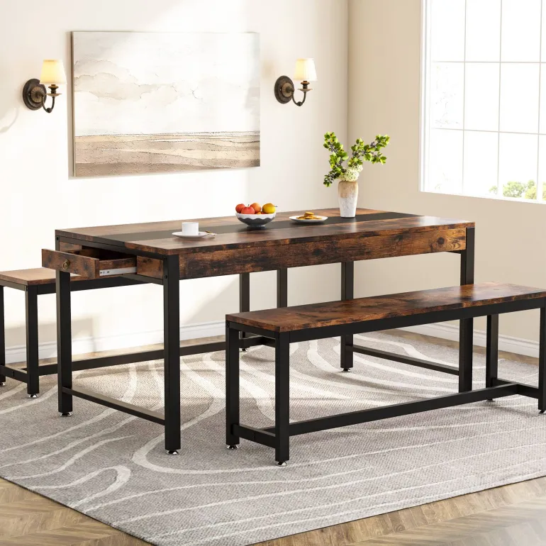 New Tribesigns Dining Table Set, Kitchen Breakfast Table with 2 Benches & Sided Drawer