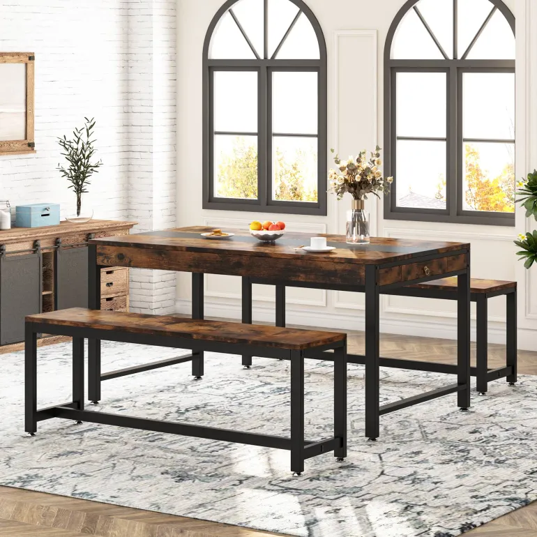 New Tribesigns Dining Table Set, Kitchen Breakfast Table with 2 Benches & Sided Drawer