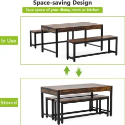 New Tribesigns Dining Table Set, Kitchen Breakfast Table with 2 Benches & Sided Drawer