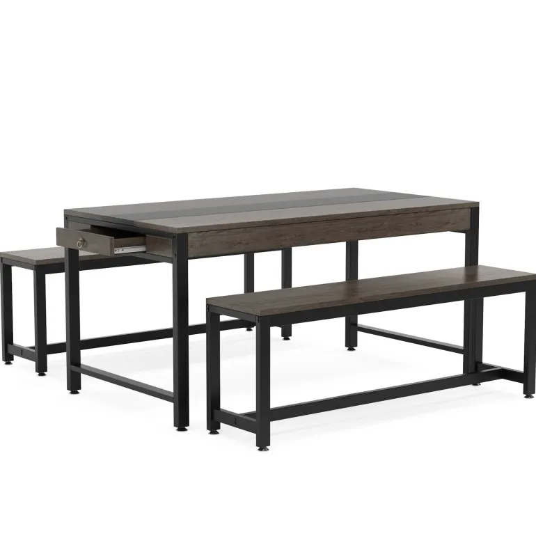 New Tribesigns Dining Table Set, Kitchen Breakfast Table with 2 Benches & Sided Drawer
