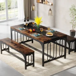 Cheap Tribesigns Dining Table Set, 3-Piece Kitchen Table with 2 Benches for 4-6 People