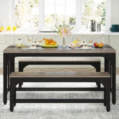 Cheap Tribesigns Dining Table Set, 3-Piece Kitchen Table with 2 Benches for 4-6 People