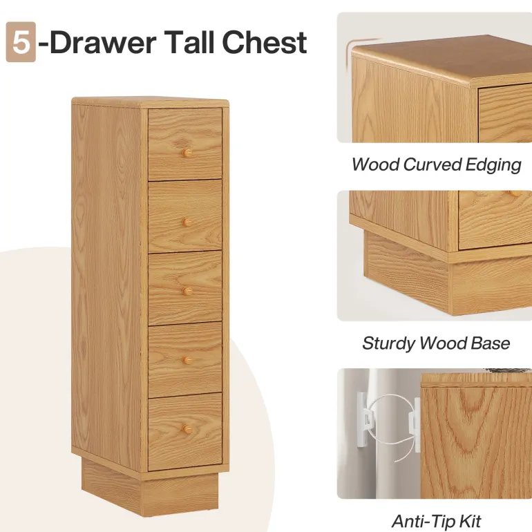 Fashion Tribesigns 5-Drawer Chest, Wood Narrow Dresser Storage Chest of Drawers