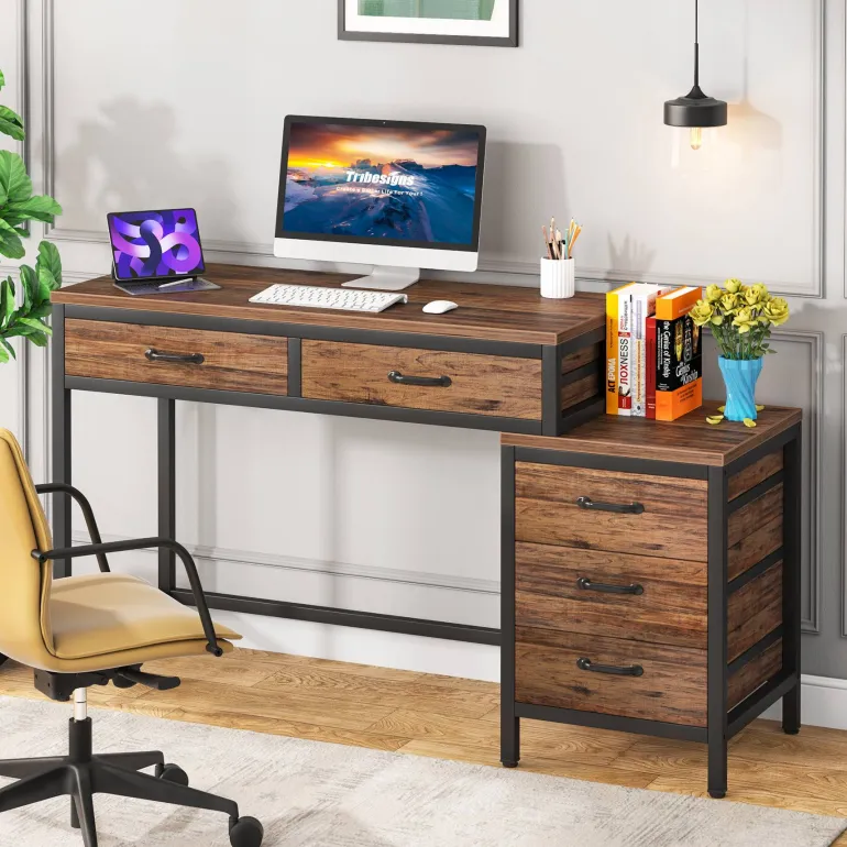 Online Tribesigns 5-Drawer Computer Desk, Study Writing Table with Reversible Drawer Cabinet