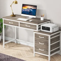Online Tribesigns 5-Drawer Computer Desk, Study Writing Table with Reversible Drawer Cabinet