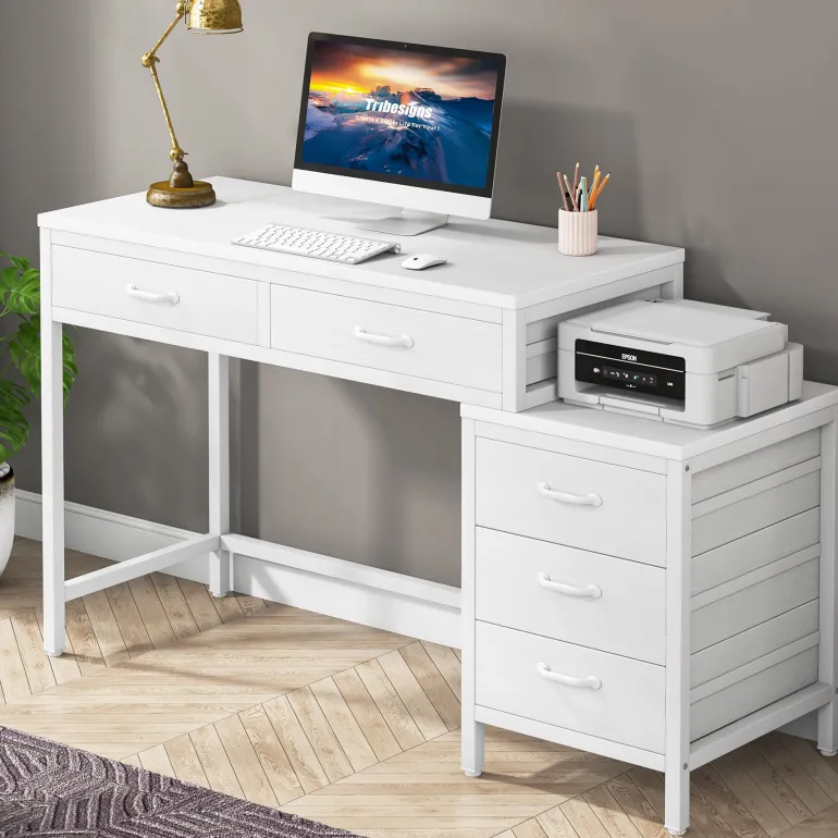 Online Tribesigns 5-Drawer Computer Desk, Study Writing Table with Reversible Drawer Cabinet