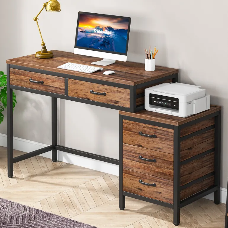 Online Tribesigns 5-Drawer Computer Desk, Study Writing Table with Reversible Drawer Cabinet