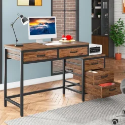 Online Tribesigns 5-Drawer Computer Desk, Study Writing Table with Reversible Drawer Cabinet