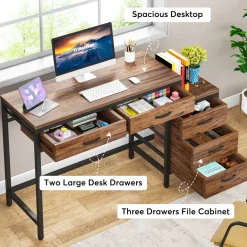 Online Tribesigns 5-Drawer Computer Desk, Study Writing Table with Reversible Drawer Cabinet