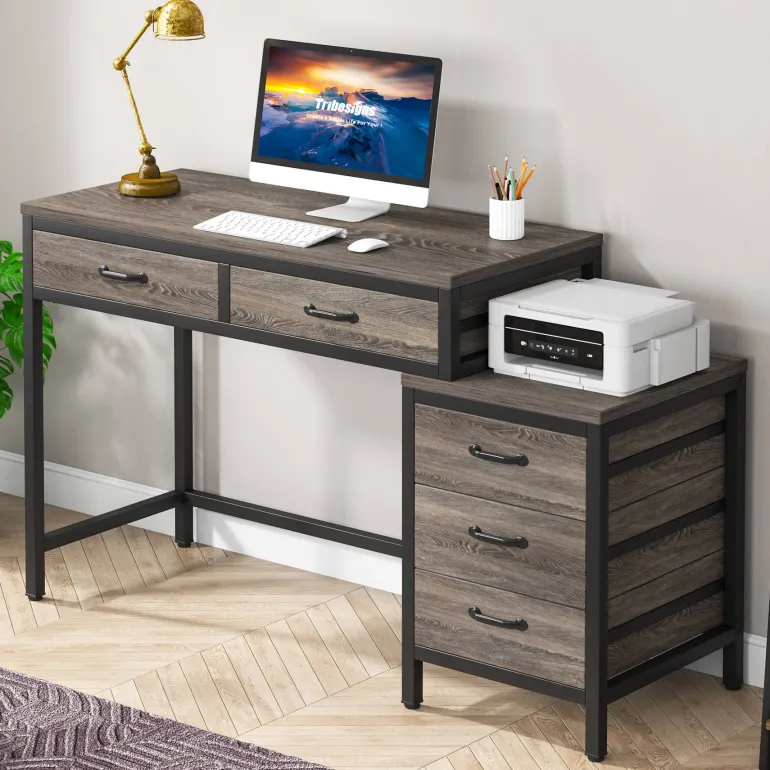 Online Tribesigns 5-Drawer Computer Desk, Study Writing Table with Reversible Drawer Cabinet