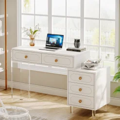 Discount Tribesigns 5-Drawer Computer Desk with Transparent Acrylic Base and Legs