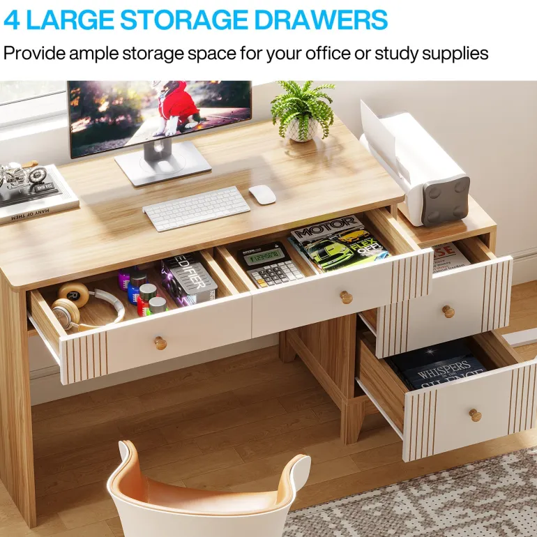 Best Sale Tribesigns 4-Drawer Computer Desk, Wooden Study Writing Table with Storage