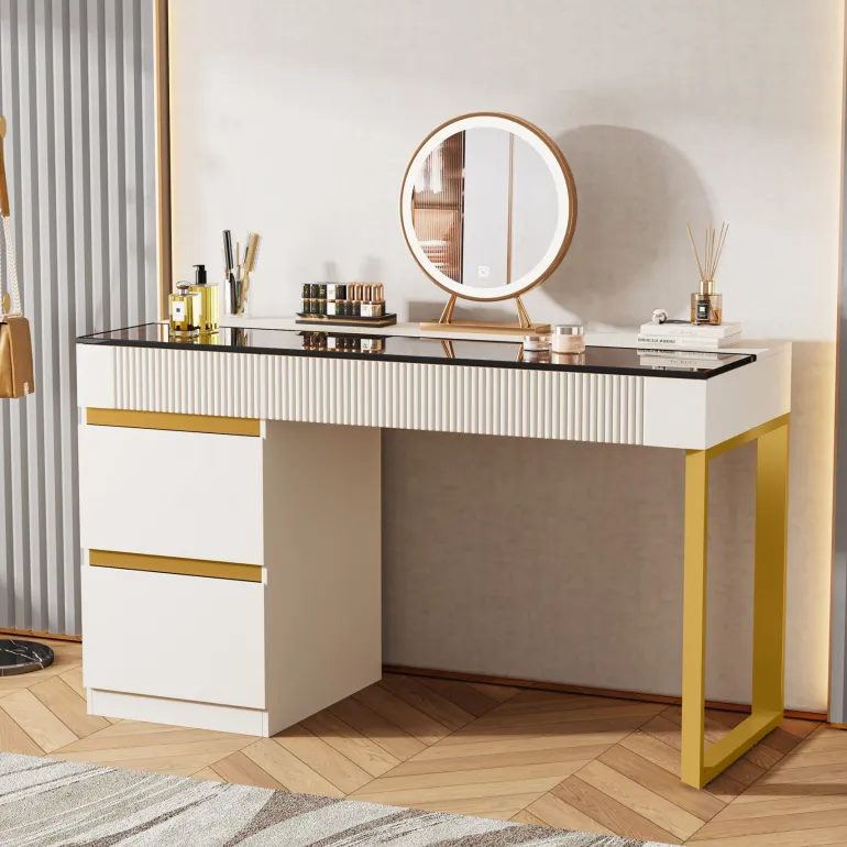 Flash Sale Tribesigns 4-Drawer Makeup Vanity, Modern Dressing Table with Glass Desktop(Without Mirror)