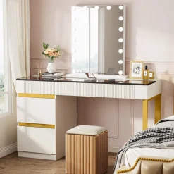 Flash Sale Tribesigns 4-Drawer Makeup Vanity, Modern Dressing Table with Glass Desktop(Without Mirror)