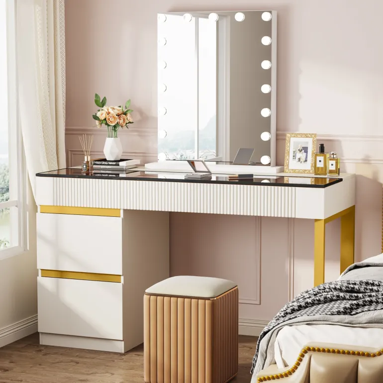 Flash Sale Tribesigns 4-Drawer Makeup Vanity, Modern Dressing Table with Glass Desktop(Without Mirror)