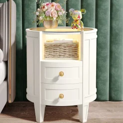 Online Tribesigns 2-Drawer Nightstand with LED Light, Modern Side Table with Glass Tabletop