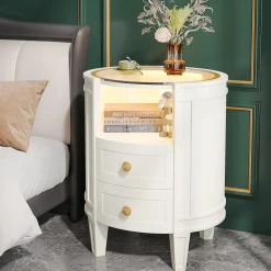 Online Tribesigns 2-Drawer Nightstand with LED Light, Modern Side Table with Glass Tabletop
