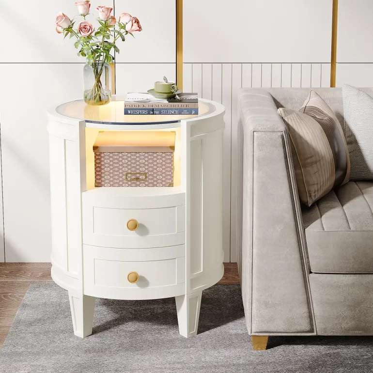 Online Tribesigns 2-Drawer Nightstand with LED Light, Modern Side Table with Glass Tabletop