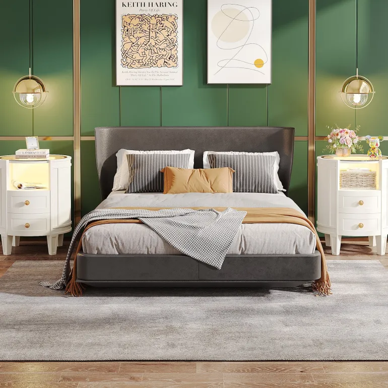 Online Tribesigns 2-Drawer Nightstand with LED Light, Modern Side Table with Glass Tabletop