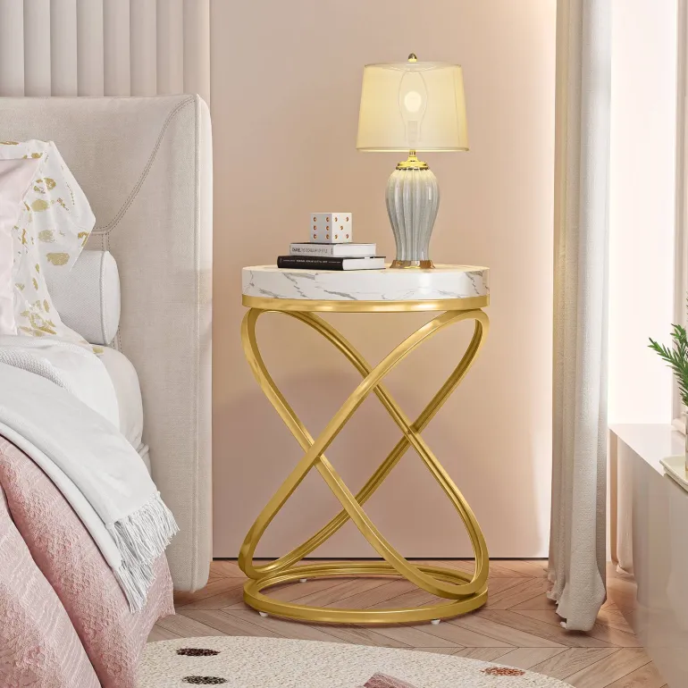 New Tribesigns End Table, 26" Tall Round Sofa Side Table with Faux Marble Top