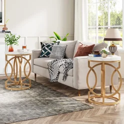Best Tribesigns End Table, Round Side Table with Faux Marble Top, Modern Bedside Table