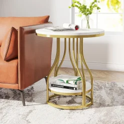 Discount Tribesigns End Table, Round 2-Tier Sofa Side Table with Metal Frame